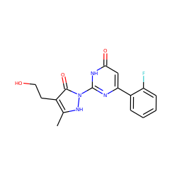 Cc1[nH]n(-c2nc(-c3ccccc3F)cc(=O)[nH]2)c(=O)c1CCO ZINC000100559576