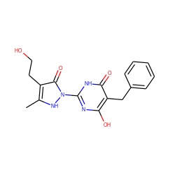 Cc1[nH]n(-c2nc(O)c(Cc3ccccc3)c(=O)[nH]2)c(=O)c1CCO ZINC000012338665