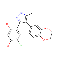 Cc1[nH]nc(-c2cc(Cl)c(O)cc2O)c1-c1ccc2c(c1)OCCO2 ZINC000004617886