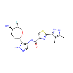 Cc1[nH]nc(-c2nc(C(=O)Nc3cnn(C)c3[C@@H]3CC[C@@H](N)[C@H](F)CO3)cs2)c1C ZINC000221372635