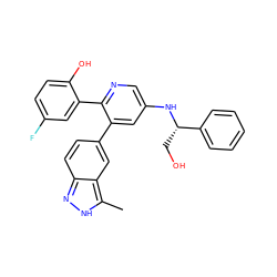 Cc1[nH]nc2ccc(-c3cc(N[C@@H](CO)c4ccccc4)cnc3-c3cc(F)ccc3O)cc12 ZINC001772640657