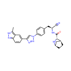 Cc1[nH]nc2ccc(-c3cn(-c4ccc(C[C@@H](C#N)NC(=O)[C@H]5N[C@@H]6CC[C@H]5C6)cc4)nn3)cc12 ZINC000221932795