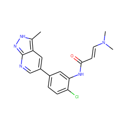 Cc1[nH]nc2ncc(-c3ccc(Cl)c(NC(=O)/C=C/N(C)C)c3)cc12 ZINC000221013621