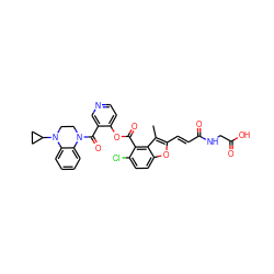 Cc1c(/C=C/C(=O)NCC(=O)O)oc2ccc(Cl)c(C(=O)Oc3ccncc3C(=O)N3CCN(C4CC4)c4ccccc43)c12 ZINC000169349732