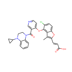 Cc1c(/C=C/C(=O)O)oc2ccc(Cl)c(Oc3ccncc3C(=O)N3CCN(C4CC4)c4ccccc43)c12 ZINC000169349730