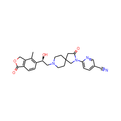 Cc1c([C@@H](O)CN2CCC3(CC2)CC(=O)N(c2ccc(C#N)cn2)C3)ccc2c1COC2=O ZINC000473137202