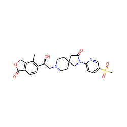 Cc1c([C@@H](O)CN2CCC3(CC2)CC(=O)N(c2ccc(S(C)(=O)=O)cn2)C3)ccc2c1COC2=O ZINC001772645656