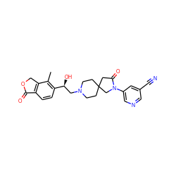 Cc1c([C@@H](O)CN2CCC3(CC2)CC(=O)N(c2cncc(C#N)c2)C3)ccc2c1COC2=O ZINC001772571853