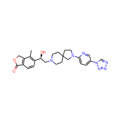 Cc1c([C@@H](O)CN2CCC3(CC2)CCN(c2ccc(-n4cnnn4)cn2)C3)ccc2c1COC2=O ZINC001772592791