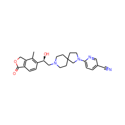 Cc1c([C@@H](O)CN2CCC3(CC2)CCN(c2ccc(C#N)cn2)C3)ccc2c1COC2=O ZINC000473134072