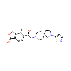 Cc1c([C@@H](O)CN2CCC3(CC2)CCN(c2ccns2)C3)ccc2c1COC2=O ZINC001772614889