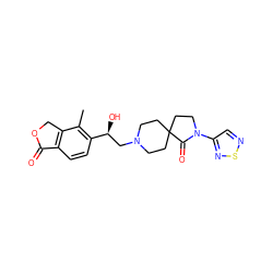 Cc1c([C@@H](O)CN2CCC3(CC2)CCN(c2cnsn2)C3=O)ccc2c1COC2=O ZINC001772650643