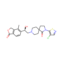 Cc1c([C@@H](O)CN2CCC3(CC2)CCN(c2sncc2Cl)C3=O)ccc2c1COC2=O ZINC001772634810