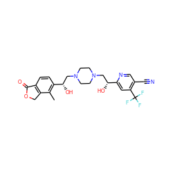 Cc1c([C@@H](O)CN2CCN(C[C@@H](O)c3cc(C(F)(F)F)c(C#N)cn3)CC2)ccc2c1COC2=O ZINC000473136910