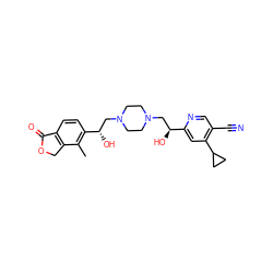 Cc1c([C@@H](O)CN2CCN(C[C@H](O)c3cc(C4CC4)c(C#N)cn3)CC2)ccc2c1COC2=O ZINC000473136607