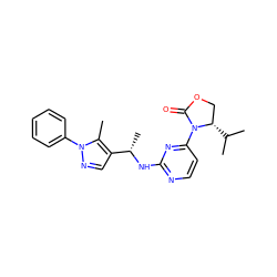 Cc1c([C@H](C)Nc2nccc(N3C(=O)OC[C@@H]3C(C)C)n2)cnn1-c1ccccc1 ZINC000142150104