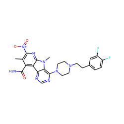 Cc1c([N+](=O)[O-])nc2c(c1C(N)=O)c1ncnc(N3CCN(CCc4ccc(F)c(F)c4)CC3)c1n2C ZINC000028526077