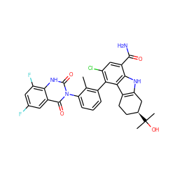 Cc1c(-c2c(Cl)cc(C(N)=O)c3[nH]c4c(c23)CC[C@H](C(C)(C)O)C4)cccc1-n1c(=O)[nH]c2c(F)cc(F)cc2c1=O ZINC000222980144