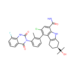 Cc1c(-c2c(Cl)cc(C(N)=O)c3[nH]c4c(c23)CC[C@H](C(C)(C)O)C4)cccc1-n1c(=O)[nH]c2c(F)cccc2c1=O ZINC000222980055