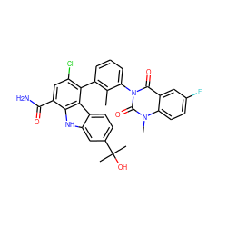 Cc1c(-c2c(Cl)cc(C(N)=O)c3[nH]c4cc(C(C)(C)O)ccc4c23)cccc1-n1c(=O)c2cc(F)ccc2n(C)c1=O ZINC000223043811