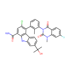 Cc1c(-c2c(Cl)cc(C(N)=O)c3[nH]c4cc(C(C)(C)O)ccc4c23)cccc1-n1c(=O)c2ccc(F)cc2n(C)c1=O ZINC000223043893