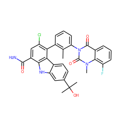 Cc1c(-c2c(Cl)cc(C(N)=O)c3[nH]c4cc(C(C)(C)O)ccc4c23)cccc1-n1c(=O)c2cccc(F)c2n(C)c1=O ZINC000223029669