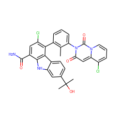 Cc1c(-c2c(Cl)cc(C(N)=O)c3[nH]c4cc(C(C)(C)O)ccc4c23)cccc1-n1c(=O)cc2c(Cl)cccn2c1=O ZINC000222828954