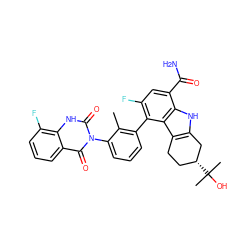 Cc1c(-c2c(F)cc(C(N)=O)c3[nH]c4c(c23)CC[C@@H](C(C)(C)O)C4)cccc1-n1c(=O)[nH]c2c(F)cccc2c1=O ZINC001772576969