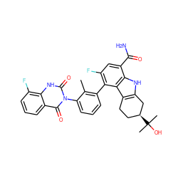 Cc1c(-c2c(F)cc(C(N)=O)c3[nH]c4c(c23)CC[C@H](C(C)(C)O)C4)cccc1-n1c(=O)[nH]c2c(F)cccc2c1=O ZINC000222946983