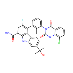 Cc1c(-c2c(F)cc(C(N)=O)c3[nH]c4cc(C(C)(C)O)ccc4c23)cccc1-n1c(=O)[nH]c2c(Cl)cccc2c1=O ZINC000222979977