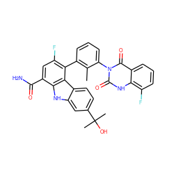 Cc1c(-c2c(F)cc(C(N)=O)c3[nH]c4cc(C(C)(C)O)ccc4c23)cccc1-n1c(=O)[nH]c2c(F)cccc2c1=O ZINC000223012546