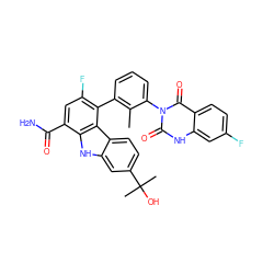 Cc1c(-c2c(F)cc(C(N)=O)c3[nH]c4cc(C(C)(C)O)ccc4c23)cccc1-n1c(=O)[nH]c2cc(F)ccc2c1=O ZINC000222963341