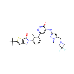 Cc1c(-c2cc(Nc3cc(CN4CC(F)(F)C4)n(C)n3)c(=O)[nH]n2)cccc1N1Cc2cc(C(C)(C)C)sc2C1=O ZINC000204858979