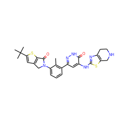 Cc1c(-c2cc(Nc3nc4c(s3)CNCC4)c(=O)[nH]n2)cccc1N1Cc2cc(C(C)(C)C)sc2C1=O ZINC000199975997