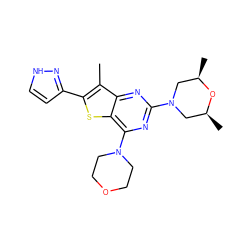 Cc1c(-c2cc[nH]n2)sc2c(N3CCOCC3)nc(N3C[C@H](C)O[C@H](C)C3)nc12 ZINC001772620720