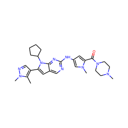 Cc1c(-c2cc3cnc(Nc4cc(C(=O)N5CCN(C)CC5)n(C)c4)nc3n2C2CCCC2)cnn1C ZINC000084669766