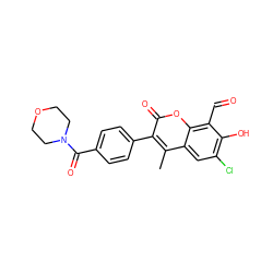 Cc1c(-c2ccc(C(=O)N3CCOCC3)cc2)c(=O)oc2c(C=O)c(O)c(Cl)cc12 ZINC000221066015