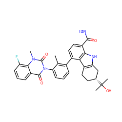 Cc1c(-c2ccc(C(N)=O)c3[nH]c4c(c23)CC[C@@H](C(C)(C)O)C4)cccc1-n1c(=O)c2cccc(F)c2n(C)c1=O ZINC001772605996