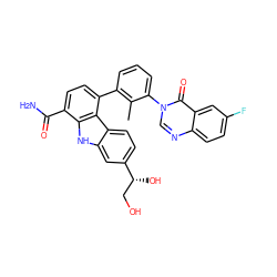 Cc1c(-c2ccc(C(N)=O)c3[nH]c4cc([C@H](O)CO)ccc4c23)cccc1-n1cnc2ccc(F)cc2c1=O ZINC000072319588