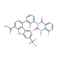 Cc1c(-c2ccc(C(N)=O)c3[nH]c4cc(C(C)(C)O)ccc4c23)cccc1-n1c(=O)c2cccc(F)c2n(C)c1=O ZINC000223252813