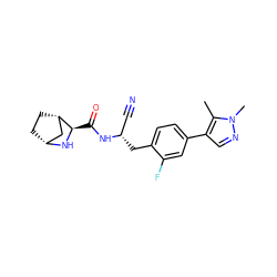 Cc1c(-c2ccc(C[C@@H](C#N)NC(=O)[C@H]3N[C@@H]4CC[C@H]3C4)c(F)c2)cnn1C ZINC000219319439