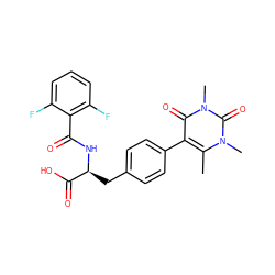 Cc1c(-c2ccc(C[C@H](NC(=O)c3c(F)cccc3F)C(=O)O)cc2)c(=O)n(C)c(=O)n1C ZINC000034356451