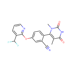 Cc1c(-c2ccc(Oc3ncccc3C(F)F)cc2C#N)n(C)c(=O)[nH]c1=O ZINC000261177984