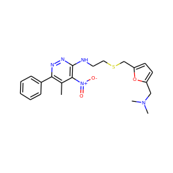 Cc1c(-c2ccccc2)nnc(NCCSCc2ccc(CN(C)C)o2)c1[N+](=O)[O-] ZINC001772611258