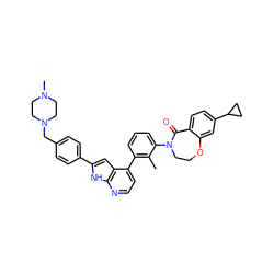 Cc1c(-c2ccnc3[nH]c(-c4ccc(CN5CCN(C)CC5)cc4)cc23)cccc1N1CCOc2cc(C3CC3)ccc2C1=O ZINC000148686623