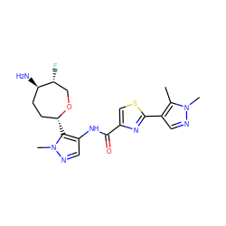 Cc1c(-c2nc(C(=O)Nc3cnn(C)c3[C@@H]3CC[C@@H](N)[C@H](F)CO3)cs2)cnn1C ZINC000205635439