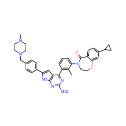 Cc1c(-c2nc(N)nc3[nH]c(-c4ccc(CN5CCN(C)CC5)cc4)cc23)cccc1N1CCOc2cc(C3CC3)ccc2C1=O ZINC001772616935