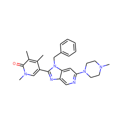 Cc1c(-c2nc3cnc(N4CCN(C)CC4)cc3n2Cc2ccccc2)cn(C)c(=O)c1C ZINC001772598055