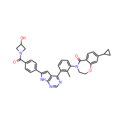 Cc1c(-c2ncnc3[nH]c(-c4ccc(C(=O)N5CC(O)C5)cc4)cc23)cccc1N1CCOc2cc(C3CC3)ccc2C1=O ZINC000148689405