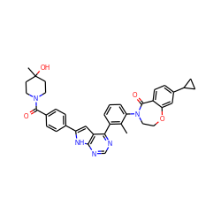 Cc1c(-c2ncnc3[nH]c(-c4ccc(C(=O)N5CCC(C)(O)CC5)cc4)cc23)cccc1N1CCOc2cc(C3CC3)ccc2C1=O ZINC000224768635